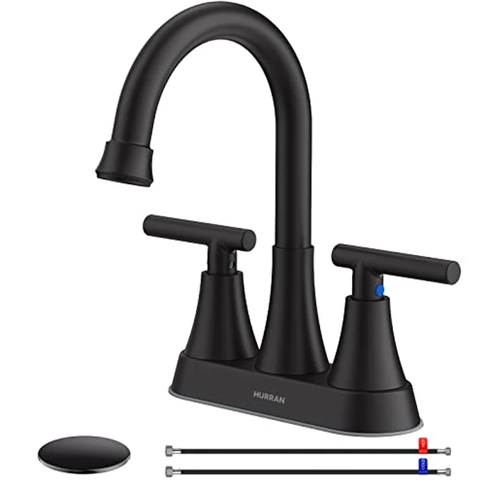 Bathroom Faucets for Sink 3 Hole, Hurran 4 inch Matte Black with Pop-up Drain and 2 Supply Hoses, Stainless Steel Lead-Free 2-Handle Centerset Faucet for Sink Vanity by Hurran - Image 1