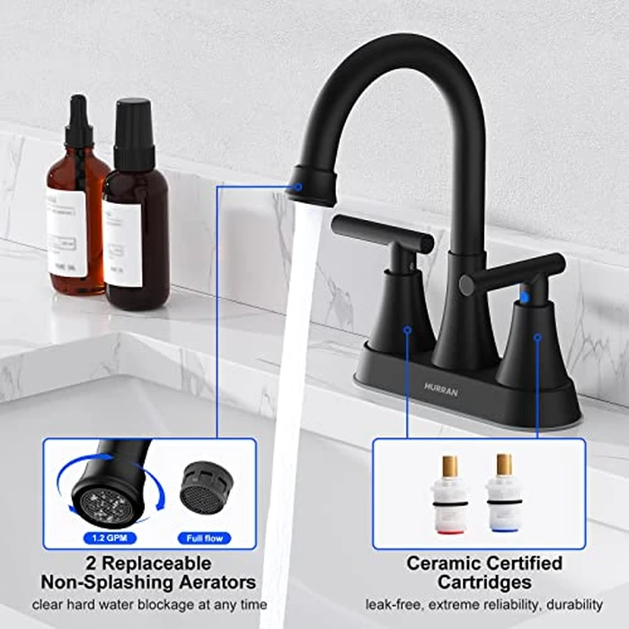 Bathroom Faucets for Sink 3 Hole, Hurran 4 inch Matte Black with Pop-up Drain and 2 Supply Hoses, Stainless Steel Lead-Free 2-Handle Centerset Faucet for Sink Vanity by Hurran - Image 4