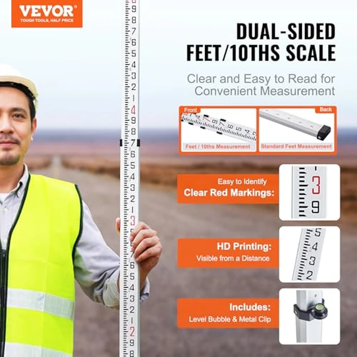 VEVOR Aluminum Grade Rod, 14-Feet/10ths 6 Sections Telescopic Measuring Rod,Double-Sided Scale 1/10 ft Leveling Rod Stick,Aluminum Alloy Survey Rod w/Bubble Level&Carrying Bag for Houses,Walls,Floors by VEVOR - Image 2