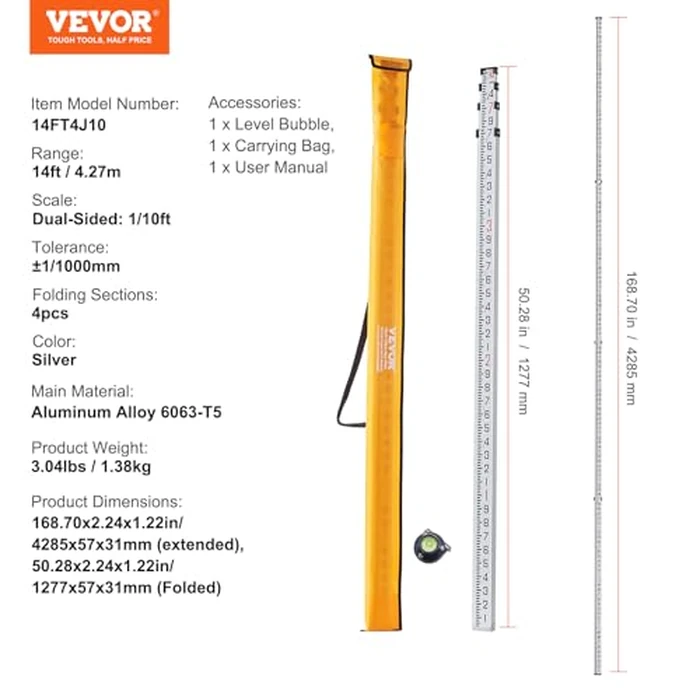 VEVOR Aluminum Grade Rod, 14-Feet/10ths 6 Sections Telescopic Measuring Rod,Double-Sided Scale 1/10 ft Leveling Rod Stick,Aluminum Alloy Survey Rod w/Bubble Level&Carrying Bag for Houses,Walls,Floors by VEVOR - Image 7