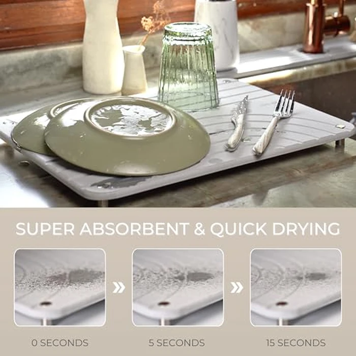 Natureva Stone Dish Drying Mat - Super Absorbent, Quick Dry Diatomite Mats for Kitchen Counter - Made of Natural Diatomaceous Earth Absorbing Water Instantly - Tide - Slate by Natureva - Image 2