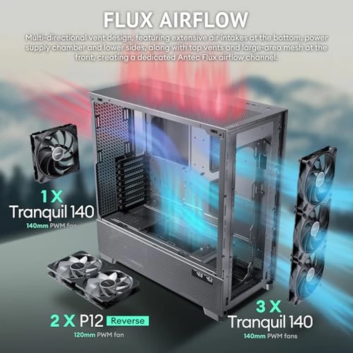 Antec Flux Pro, 6 x PWM Fans Included, High-Airflow Front Panel with Walnut Wood, iShift PSU 90 degrees Mount, USB3.0 x 2, Type-C, 420mm Radiator Support, Temp. Display, Full-Tower E-ATX PC Case by Antec - Image 3