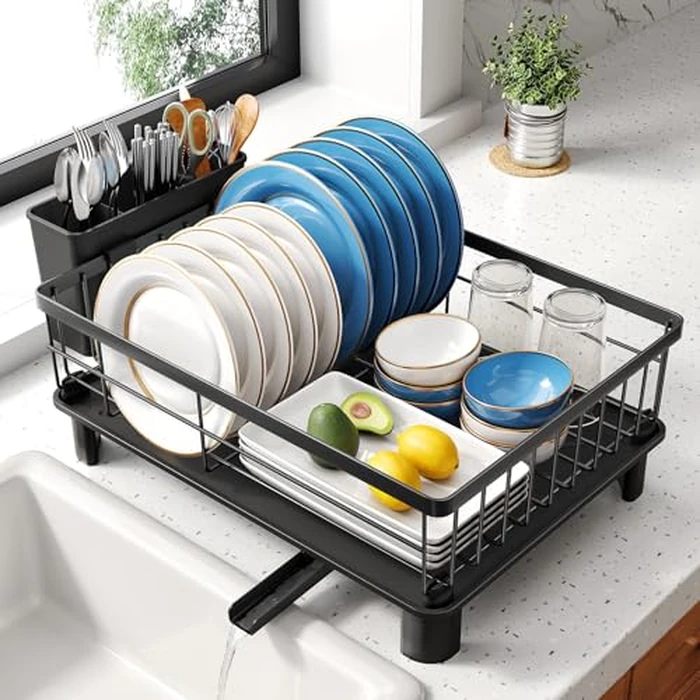 SNTD Dish Drying Rack - Space-Saving Dish Rack for Kitchen Counter, Stainless Steel Dish Drainer with Utensil Holder and Drainboard, 11" W x 15" L (Black) by SNTD - Used - Like New condition - US$21.84