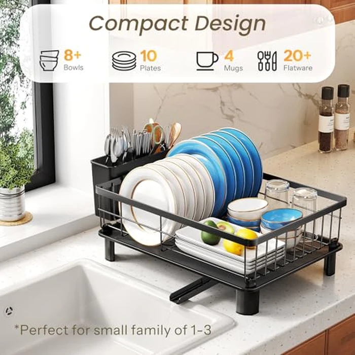 SNTD Dish Drying Rack - Space-Saving Dish Rack for Kitchen Counter, Stainless Steel Dish Drainer with Utensil Holder and Drainboard, 11" W x 15" L (Black) by SNTD - Image 3
