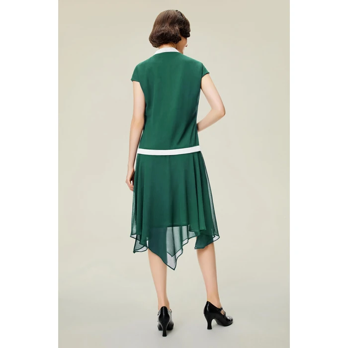 BABEYOND 1920s Dresses for Women - Drop Waist Dress V Neck Vintage Midi Flapper Dress with Bow Tie Green by BABEYOND - Image 2