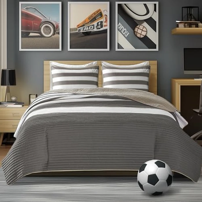 Comfort Spaces Queen Quilt Set Trendy Casual Fun, Vibrant Color Stripes Design, All Season Lightweight Coverlet Bedspread Queen Size Bedding & Shams, Verone, Full/Queen, Grey, 3 Piece by Comfort Spaces - Used - Like New condition