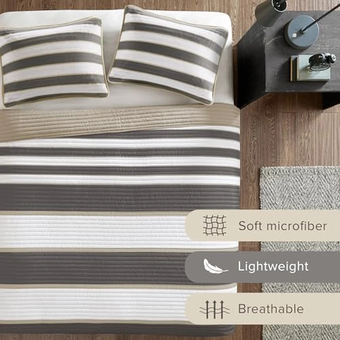 Comfort Spaces Queen Quilt Set Trendy Casual Fun, Vibrant Color Stripes Design, All Season Lightweight Coverlet Bedspread Queen Size Bedding & Shams, Verone, Full/Queen, Grey, 3 Piece by Comfort Spaces - Image 3