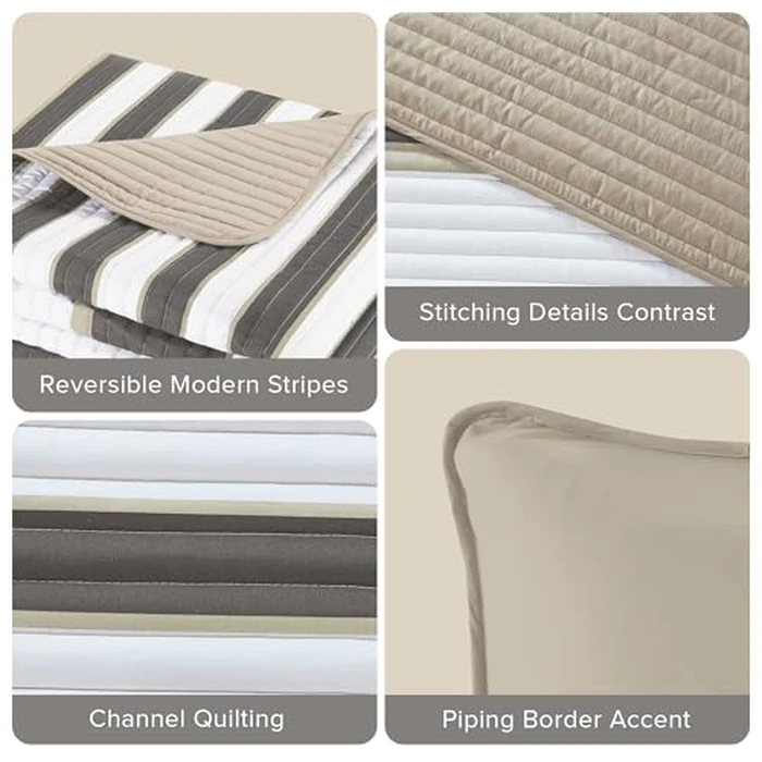 Comfort Spaces Queen Quilt Set Trendy Casual Fun, Vibrant Color Stripes Design, All Season Lightweight Coverlet Bedspread Queen Size Bedding & Shams, Verone, Full/Queen, Grey, 3 Piece by Comfort Spaces - Image 4