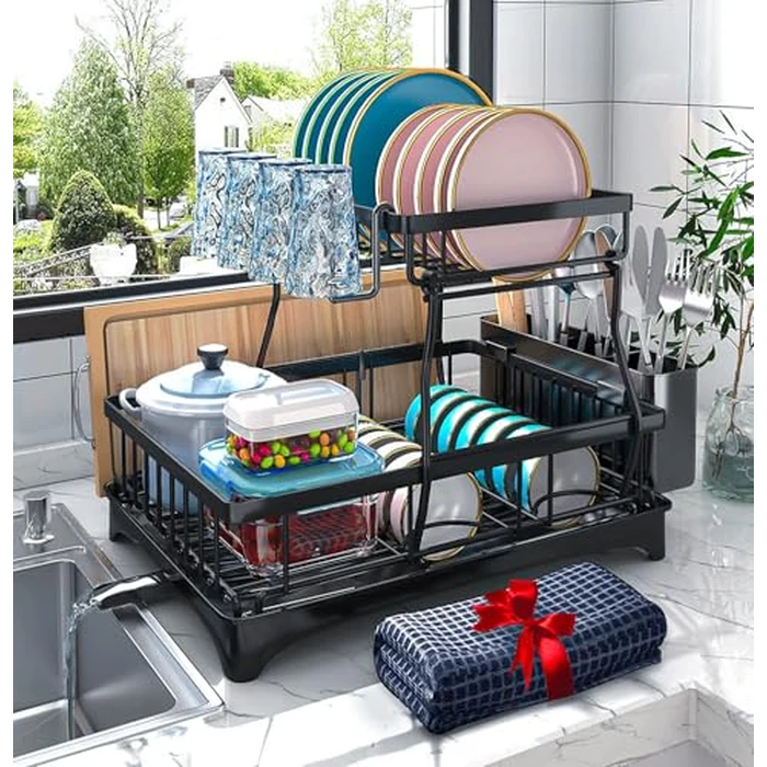 Godboat Dish Drying Rack, 2-Tier Dish Rack with Auto-Drain & Mat, Dish Racks for Kitchen Counter, Dish Drainer with Knife, Fork & Cup Rack, Gifts for Women, Mothers Day, Cool Stuff & Kitchen Gadgets by Godboat - Image 1