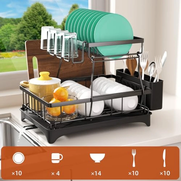 Godboat Dish Drying Rack, 2-Tier Dish Rack with Auto-Drain & Mat, Dish Racks for Kitchen Counter, Dish Drainer with Knife, Fork & Cup Rack, Gifts for Women, Mothers Day, Cool Stuff & Kitchen Gadgets by Godboat - Image 2