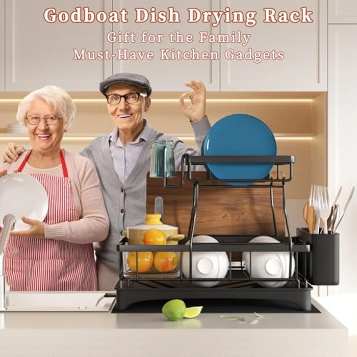 Godboat Dish Drying Rack, 2-Tier Dish Rack with Auto-Drain & Mat, Dish Racks for Kitchen Counter, Dish Drainer with Knife, Fork & Cup Rack, Gifts for Women, Mothers Day, Cool Stuff & Kitchen Gadgets by Godboat - Image 7