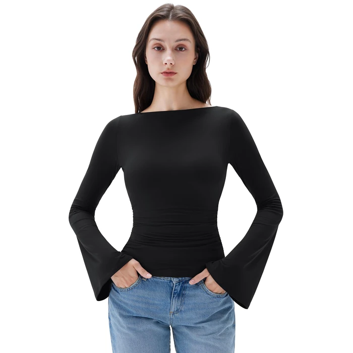 SUUKSESS Women Crew Neck Bell Sleeve Tops Double Lined Going Out Fitted Basic T Shirts Long Sleeve 2025 for Fall(Black, L) by SUUKSESS - Used - Acceptable condition - US$16.08