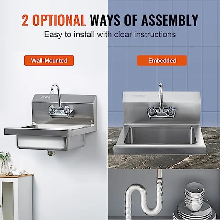 VEVOR Commercial Hand Sink with Faucet, Stainless Steel Sink for Washing, Small Hand Washing Sink, Wall Mount Hand Basin, Utility Sink for Restaurant, Kitchen, Bar, Garage and Home, 17 x 12.8 inch by VEVOR - Image 5