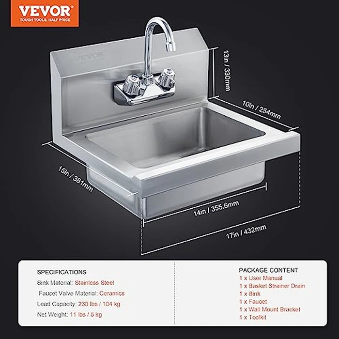 VEVOR Commercial Hand Sink with Faucet, Stainless Steel Sink for Washing, Small Hand Washing Sink, Wall Mount Hand Basin, Utility Sink for Restaurant, Kitchen, Bar, Garage and Home, 17 x 12.8 inch by VEVOR - Image 7