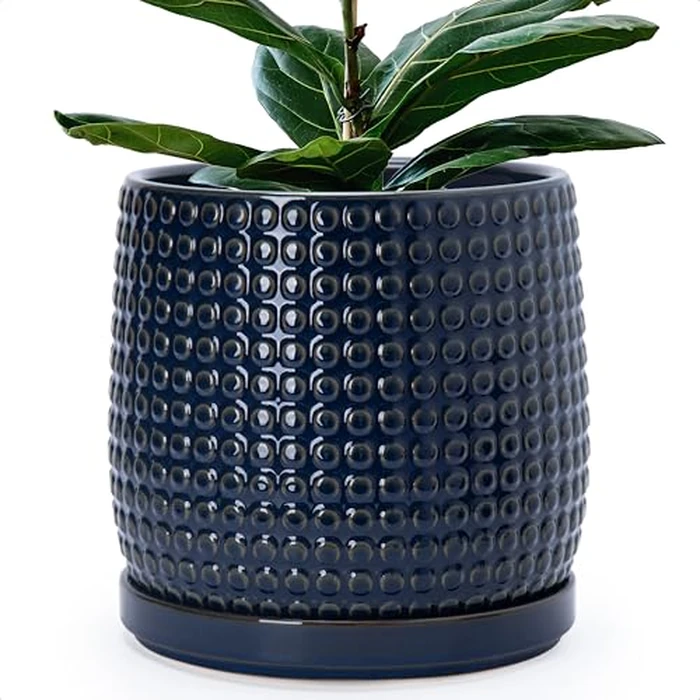 D'vine Dev 10 Inch Ceramic Beaded Stoneware Planter Pot - Flower Pot with Drainage Holes and Saucers for Indoor Succulent Plants or Flowers, Midnight Blue, 27-C-P-3 by D'vine Dev - Used - Very Good condition - US$77.32