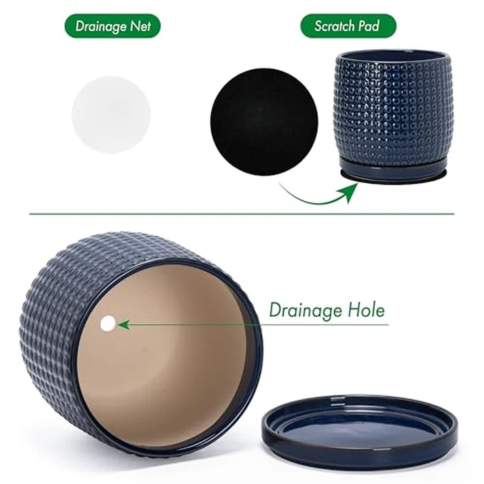 D'vine Dev 10 Inch Ceramic Beaded Stoneware Planter Pot - Flower Pot with Drainage Holes and Saucers for Indoor Succulent Plants or Flowers, Midnight Blue, 27-C-P-3 by D'vine Dev - Image 4