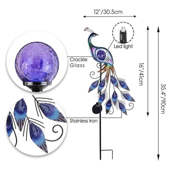 TERESA'S Collections Yard Decorations Outdoor for Garden Decor, Peacock Solar Outdoor Lights, 35.4'' Metal Lawn Ornaments for Outside with Crackle Glass Ball, Decorative Stake Gifts for Mom by TERESA'S COLLECTIONS - Image 5