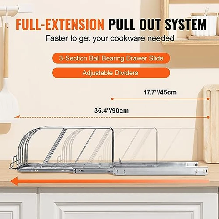 VEVOR Pan and Pot Rack, Expandable Pull Out Under Cabinet Organizer, Cookie Sheet Baking Pans tray Organization, Adjustable Wire Dividers, Steel Lid Holder for Kitchen Cabinet & Pantry Storage, 12.5"W by VEVOR - Image 5