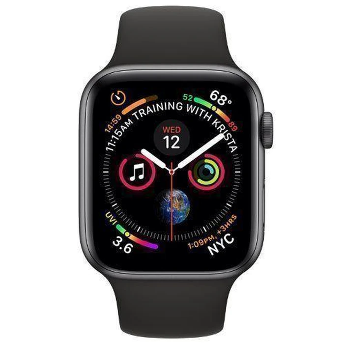 Apple Watch Series 4 (GPS) - 16GB - 44mm - Silver - Space Grey Aluminum Case with White with Black Rubber Sport Band by Apple - Image 1