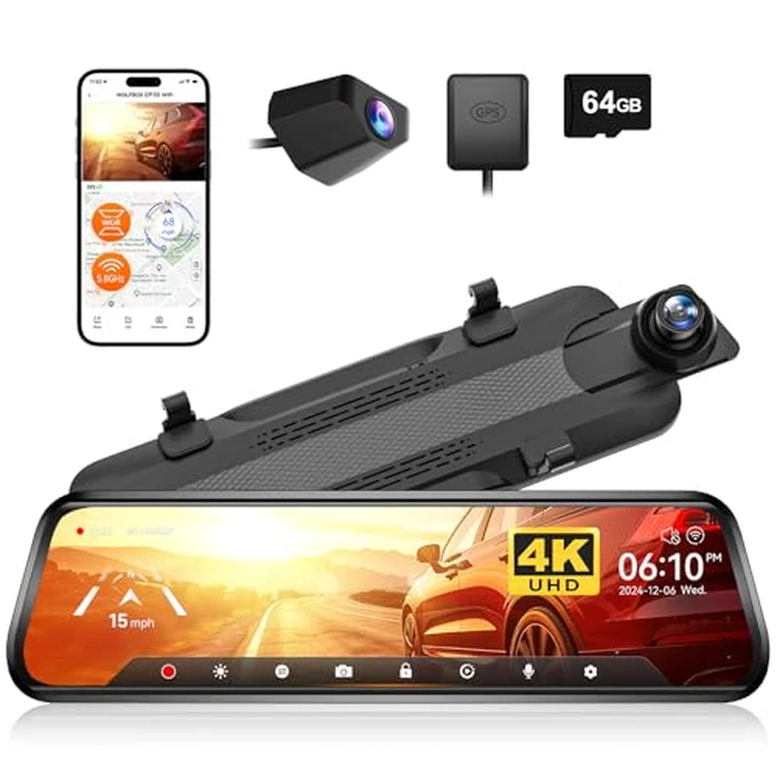 WOLFBOX G930 10'' Rear View Mirror Camera with 5.8GHz WiFi, 4K Dash Cam Front and Rear with WDR, Touch Screen Rearview Mirror Backup Camera, Parking Monitor, Reverse Assist, Includes 64GB Card & GPS by WOLFBOX - Used - Like New condition - US$104.97