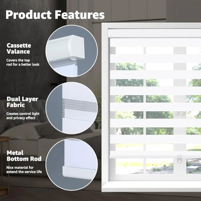 SEEYE Cordless Zebra Blinds for Window, French Door Blinds Free-Stop Roller Window Shades with Valance 33" W X 90" H Light Filtering Window Treatment Sheer Blinds & Shades Light Control, White by SEEYE - Image 2