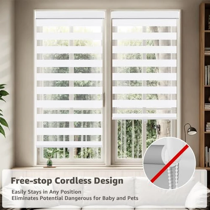 SEEYE Cordless Zebra Blinds for Window, French Door Blinds Free-Stop Roller Window Shades with Valance 33" W X 90" H Light Filtering Window Treatment Sheer Blinds & Shades Light Control, White by SEEYE - Image 5