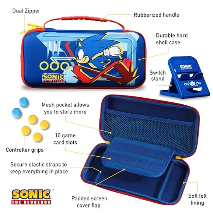 Sonic the Hedgehog Switch Case - Gaming On-the-Go Car Kit, Controller Grips, Hands-Free Stand, Games & Accessories Storage by Sakar - Image 3