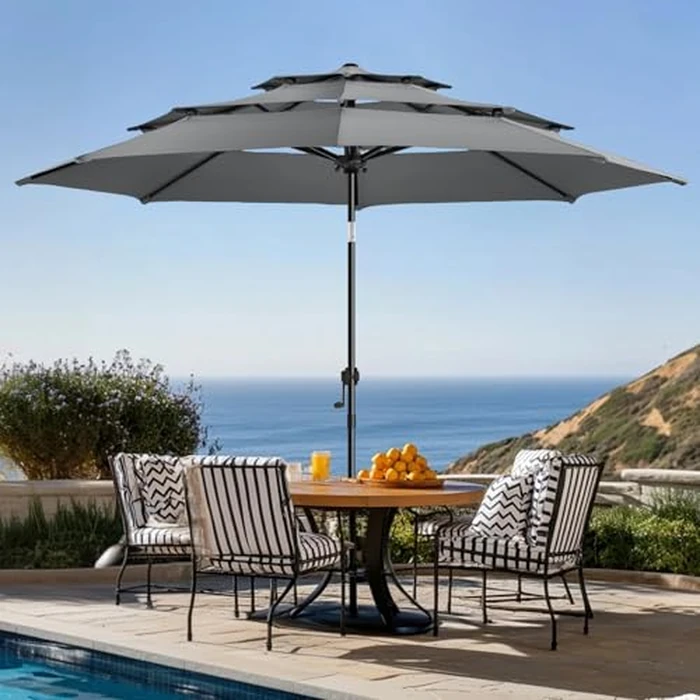 wikiwiki 10ft 3-Tier Patio Umbrella Outdoor Table Market Umbrella for Patio with Push Button Tilt/Crank, Fade Resistant Waterproof POLYESTER Canopy for Garden, Lawn, Deck, Backyard & Pool, Dark Gray by wikiwiki - Image 1