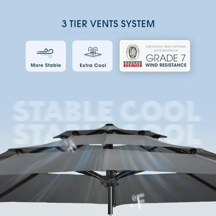 wikiwiki 10ft 3-Tier Patio Umbrella Outdoor Table Market Umbrella for Patio with Push Button Tilt/Crank, Fade Resistant Waterproof POLYESTER Canopy for Garden, Lawn, Deck, Backyard & Pool, Dark Gray by wikiwiki - Image 2