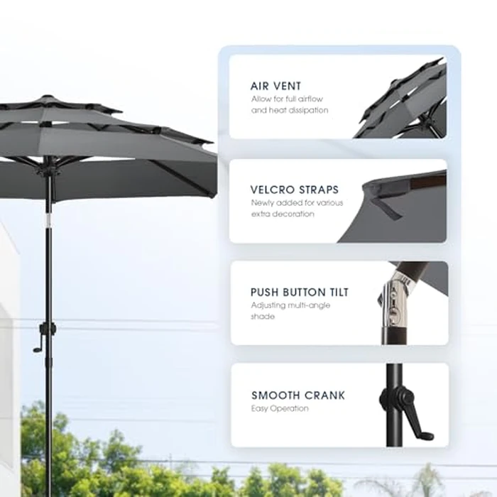 wikiwiki 10ft 3-Tier Patio Umbrella Outdoor Table Market Umbrella for Patio with Push Button Tilt/Crank, Fade Resistant Waterproof POLYESTER Canopy for Garden, Lawn, Deck, Backyard & Pool, Dark Gray by wikiwiki - Image 5