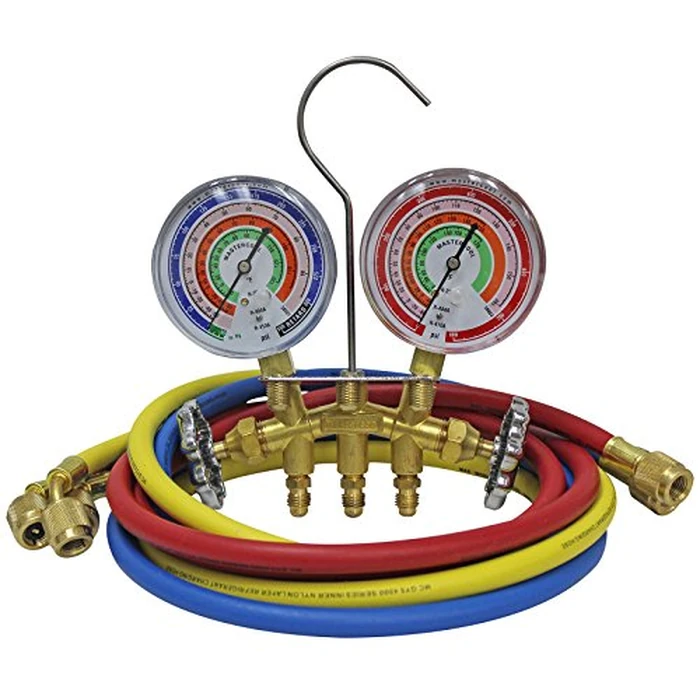 Mastercool 59161 2-Way Heavy Duty Brass Manifold Gauge Set with 3 1/8" Silicone Dampened Gauges and 1/4" SAE Fittings for R410a, R22, R404A - U.S. Assembled & Tested with 60" Hoses by Mastercool - Used - Very Good condition - US$68.39