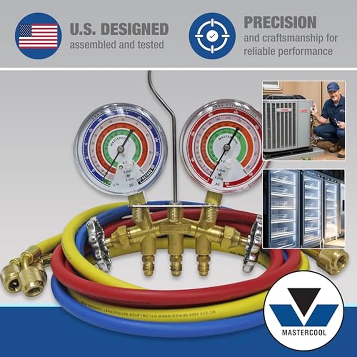 Mastercool 59161 2-Way Heavy Duty Brass Manifold Gauge Set with 3 1/8" Silicone Dampened Gauges and 1/4" SAE Fittings for R410a, R22, R404A - U.S. Assembled & Tested with 60" Hoses by Mastercool - Image 2