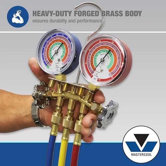 Mastercool 59161 2-Way Heavy Duty Brass Manifold Gauge Set with 3 1/8" Silicone Dampened Gauges and 1/4" SAE Fittings for R410a, R22, R404A - U.S. Assembled & Tested with 60" Hoses by Mastercool - Image 3