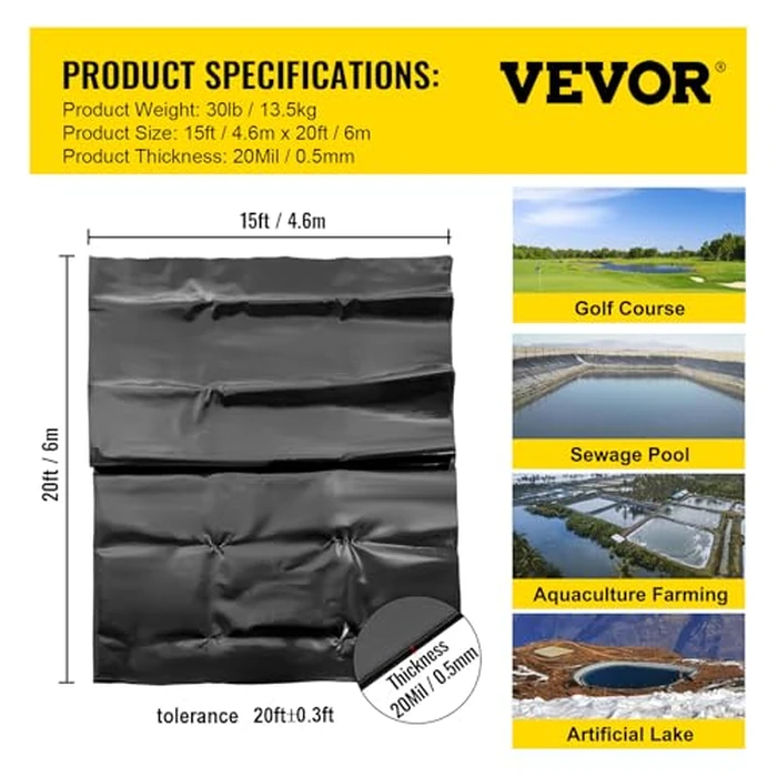 VEVOR LLDPE Pond Liner 15x20 ft, Pond Liner 20 Mil, Fish Pond Liners for Waterfall, Pond and Fish Ponds by VEVOR - Image 7