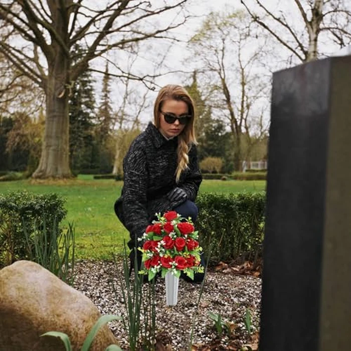 U'Artlines 2Pcs Artificial Cemetery Flowers with Vase for Grave, Silk Memorial Day Rose Flowers Bouquet Outdoor Grave Flowers for Grave Vase Cemetery Graveyard Headstones (Red) by U'Artlines - Image 3