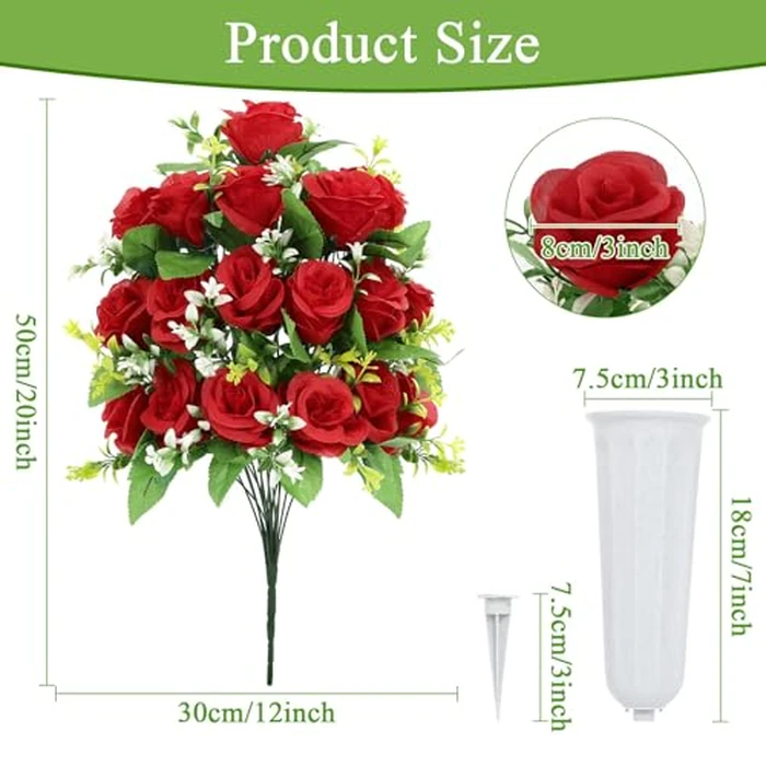 U'Artlines 2Pcs Artificial Cemetery Flowers with Vase for Grave, Silk Memorial Day Rose Flowers Bouquet Outdoor Grave Flowers for Grave Vase Cemetery Graveyard Headstones (Red) by U'Artlines - Image 4