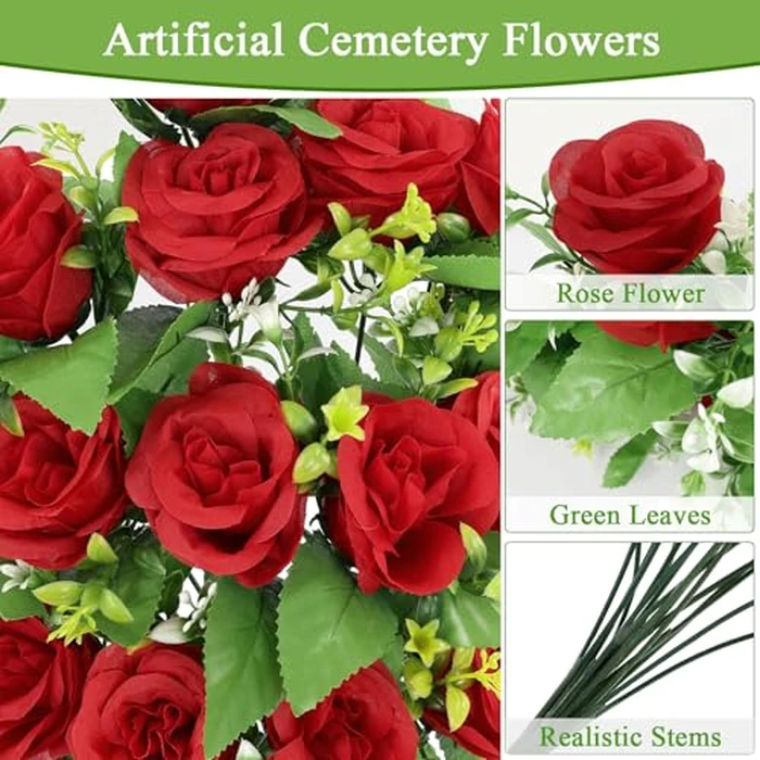 U'Artlines 2Pcs Artificial Cemetery Flowers with Vase for Grave, Silk Memorial Day Rose Flowers Bouquet Outdoor Grave Flowers for Grave Vase Cemetery Graveyard Headstones (Red) by U'Artlines - Image 5