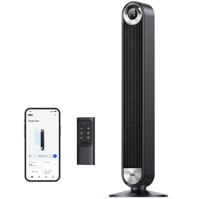 DREO Smart Tower Fan for Bedroom, Upgraded DC 9 Speeds 20dB Ultra-Quiet Floor Fan, 90 degrees Oscillating Fans with 28ft/s Velocity, 12H Timer, Standing Fan, Bladeless Fan Powerful for Home Office Room by DREO - Image 1