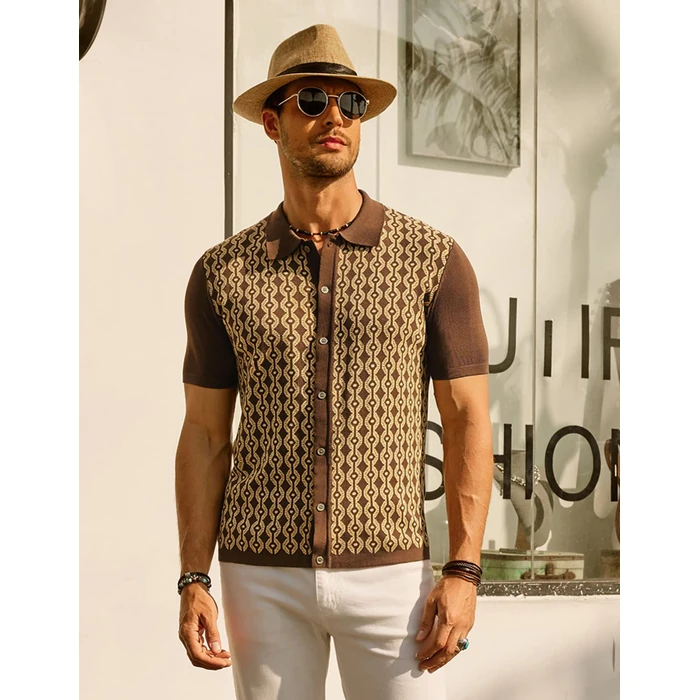 Men's Classic Short Sleeve Knitwear Casual Contrast Polo Shirts Brown S by PJ PAUL JONES - Image 2