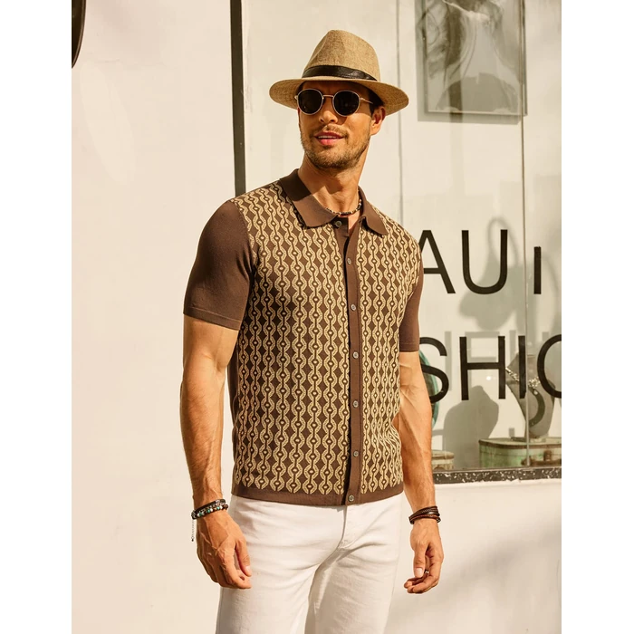 Men's Classic Short Sleeve Knitwear Casual Contrast Polo Shirts Brown S by PJ PAUL JONES - Image 3