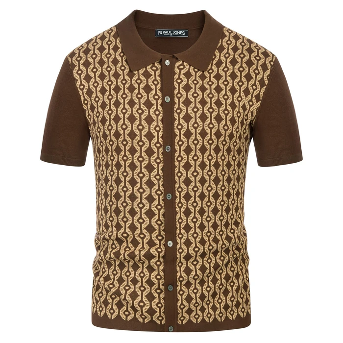 Men's Classic Short Sleeve Knitwear Casual Contrast Polo Shirts Brown S by PJ PAUL JONES - Image 5