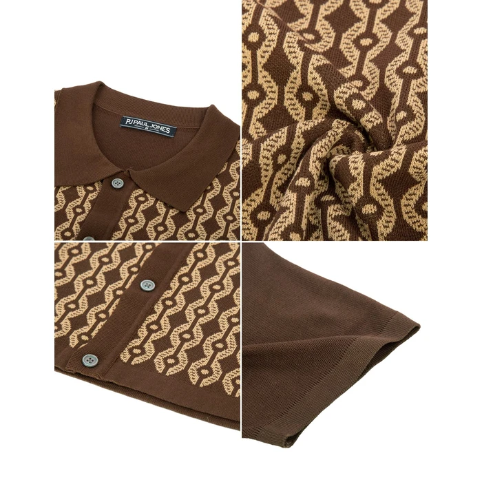 Men's Classic Short Sleeve Knitwear Casual Contrast Polo Shirts Brown S by PJ PAUL JONES - Image 7