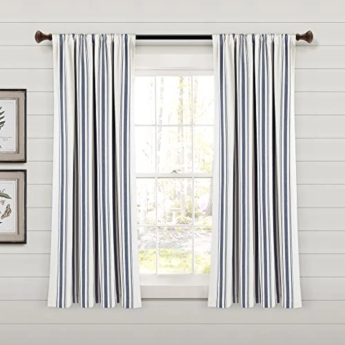 Lush Decor Farmhouse Stripe Yarn Dyed Eco-Friendly Recycled Cotton Window Curtain Panel Pair, 42" W x 63" L, Navy - Classic Modern Rustic Charm - Eco Friendly Cotton Fabric by Lush Decor - Used - Like New condition - US$23.58