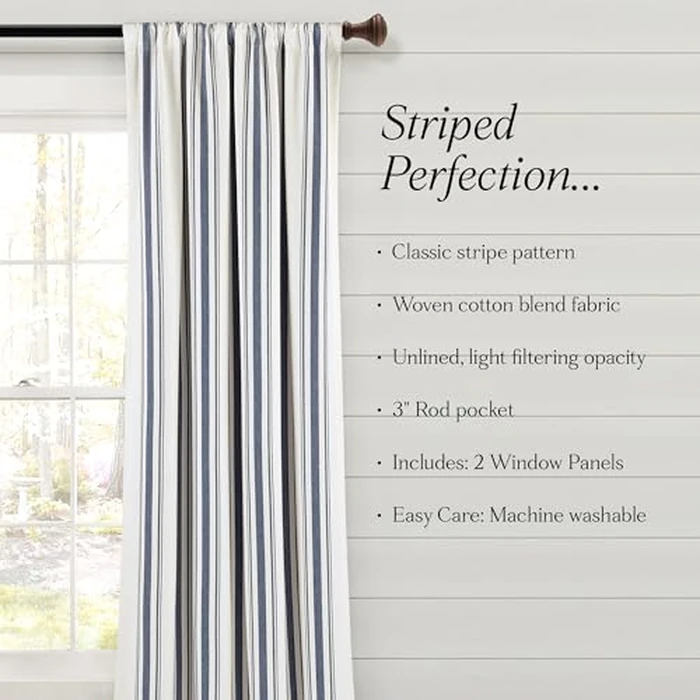 Lush Decor Farmhouse Stripe Yarn Dyed Eco-Friendly Recycled Cotton Window Curtain Panel Pair, 42" W x 63" L, Navy - Classic Modern Rustic Charm - Eco Friendly Cotton Fabric by Lush Decor - Image 7