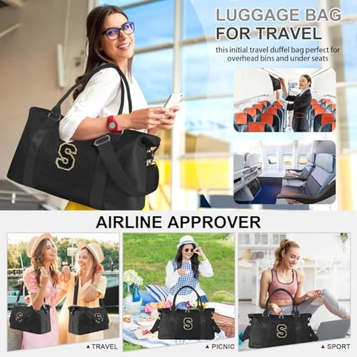 Dance Gym Duffel Bag for Teen Girls, Personalized Initial Travel Weekender Bag,Cute Overnight Carry On Duffle for Women,Sports Travel Cheer Bag,Monogram Christmas Gifts for Tween Preppy(black-S) by XSUIOY - Image 7