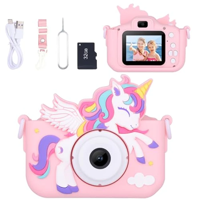 Envyvip Unicorn Toys Camera for Kids Girls Age 3-8, Toddler Kids Digital Camera Christmas Birthday Gifts for 3 4 5 6 7 8 Years Old Girl, Cute Selfie Video Camera, HD 1080P, 32GB SD Card Included, Pink by Envyvip - Used - Acceptable condition - US$18.59