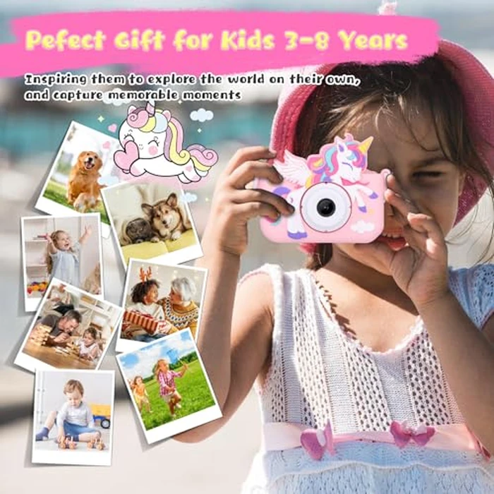 Envyvip Unicorn Toys Camera for Kids Girls Age 3-8, Toddler Kids Digital Camera Christmas Birthday Gifts for 3 4 5 6 7 8 Years Old Girl, Cute Selfie Video Camera, HD 1080P, 32GB SD Card Included, Pink by Envyvip - Image 3