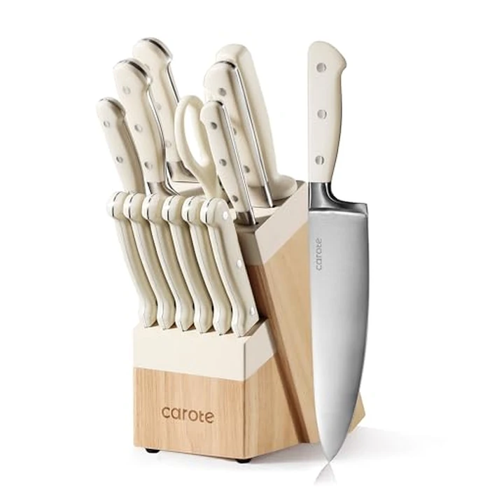 CAROTE 14 Pieces Knife Set with Block, Forged, High Carbon Stainless Steel Sharp Blade Block Knife Set, Dishwasher Safe Cutlery, Cream by CAROTE - Used - Like New condition - US$45.48