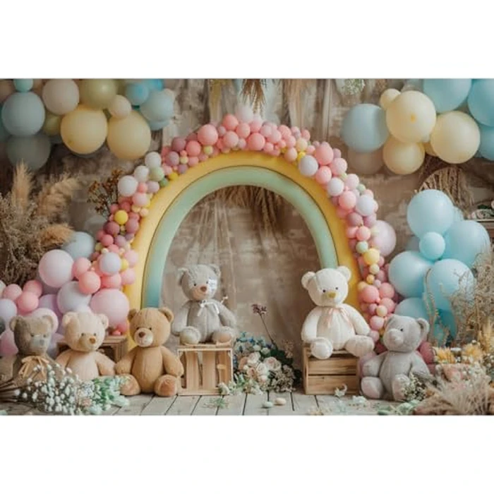 YongFoto Balloons Arch Backdrop 8x6ft Bear Pampas Flowers Photography Background Baby Shower Sweet Girl Half 1st First One Two Year Old Birthday Party Banner Portraits Photoshoot Wallpaper Props by YongFoto - Image 1