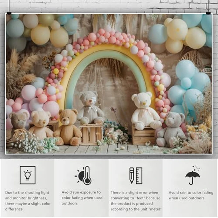 YongFoto Balloons Arch Backdrop 8x6ft Bear Pampas Flowers Photography Background Baby Shower Sweet Girl Half 1st First One Two Year Old Birthday Party Banner Portraits Photoshoot Wallpaper Props by YongFoto - Image 6